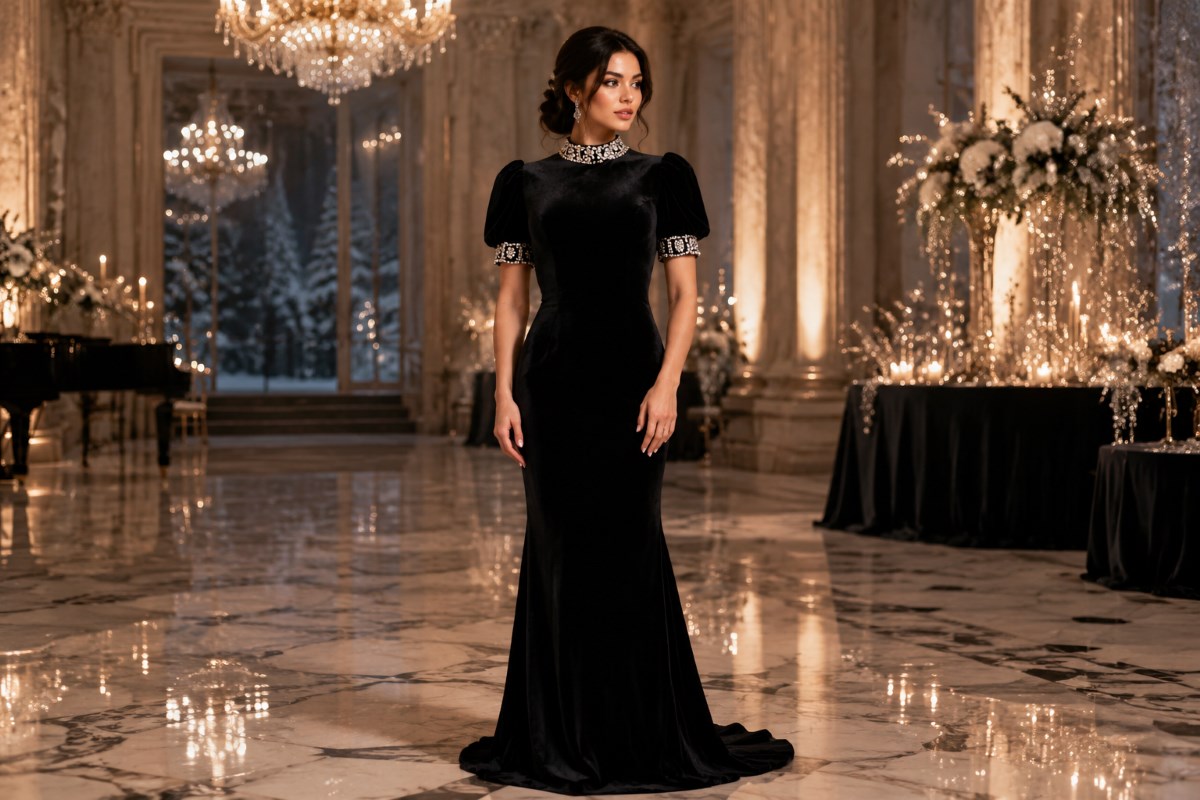 Elegant black velvet winter formal gown