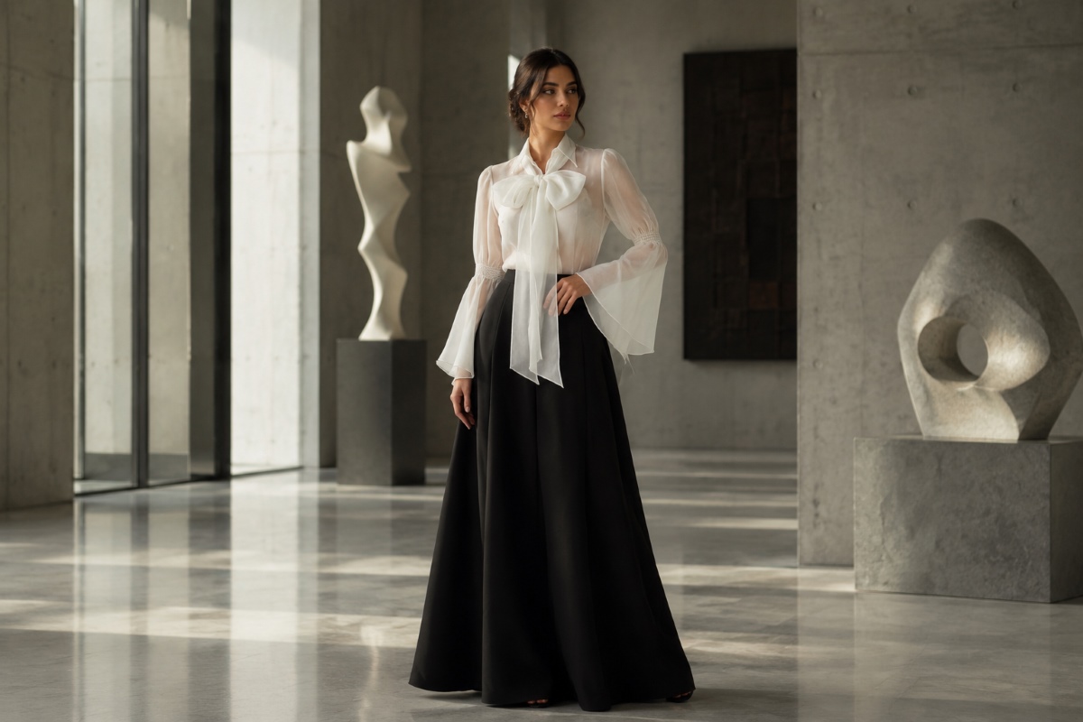Elegant monochrome two-piece editorial outfit