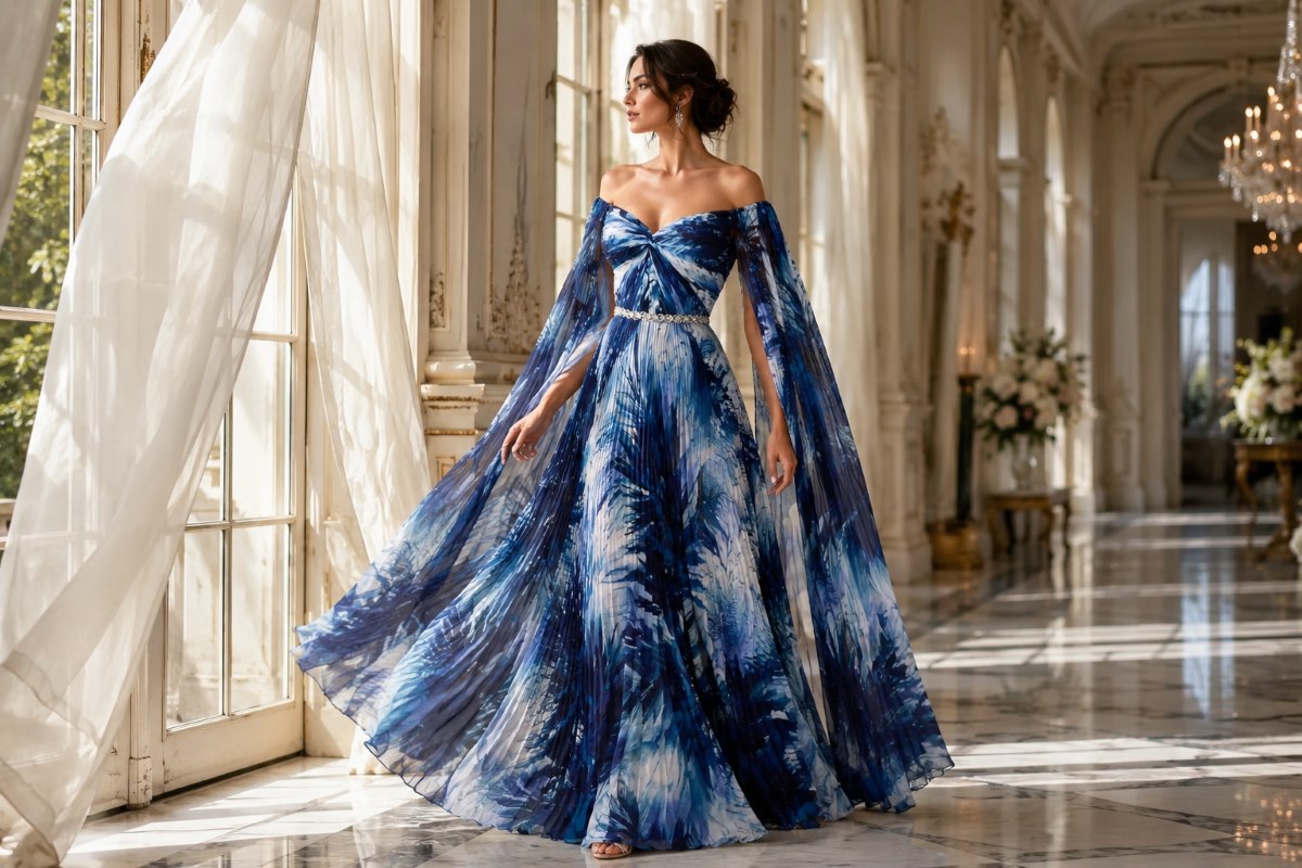 Blue pleated fit and flare gown