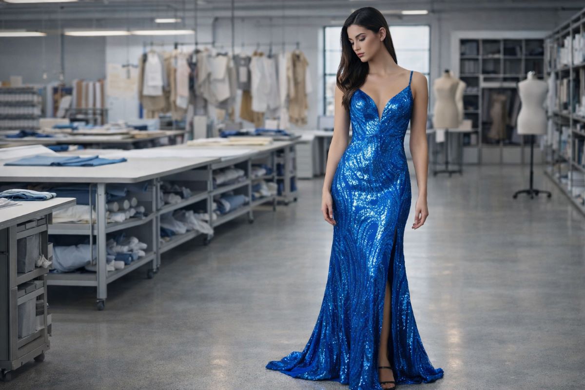Blue sequin fitted prom dress with deep V neckline