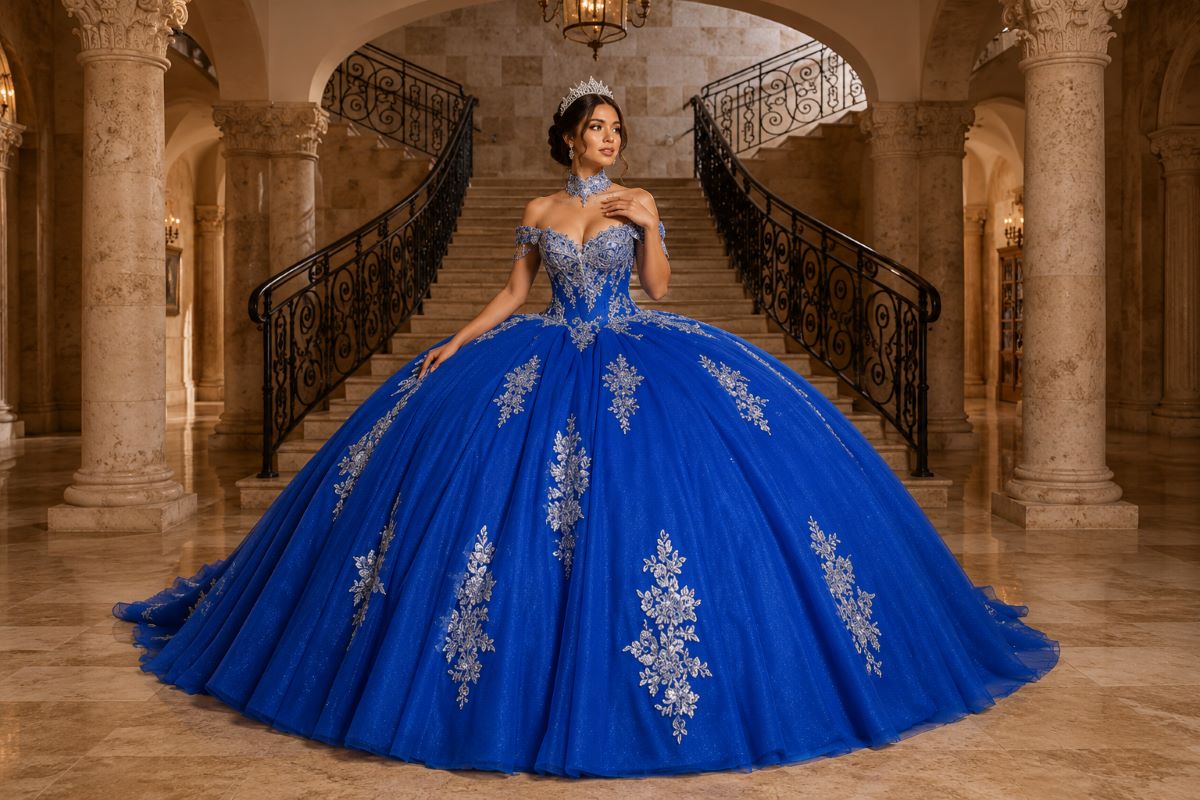 Blue quinceañera ball gown with silver embroidery