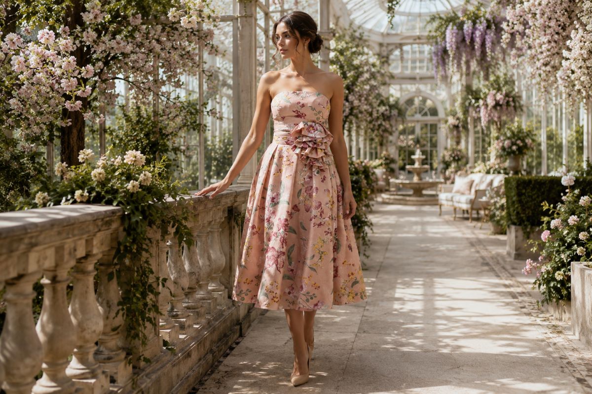 Blush floral midi dress daytime wedding guest