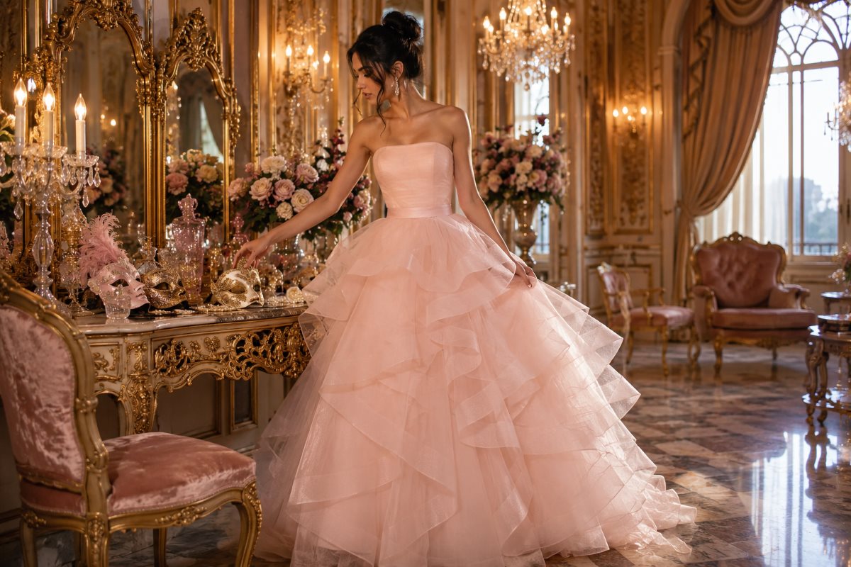 Blush masquerade Sweet 16 ball gown styling