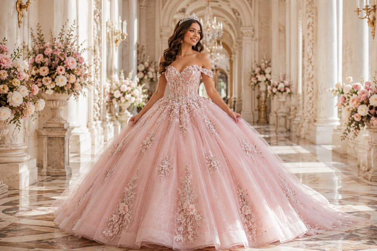 Blush pink Quinceañera ball gown with floral embroidery in palace interior