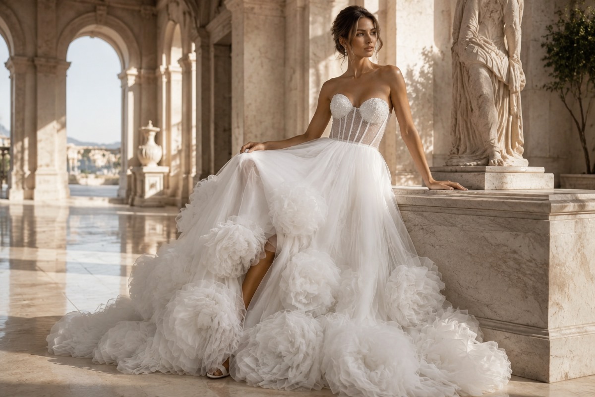 Voluminous bridal couture editorial portrait