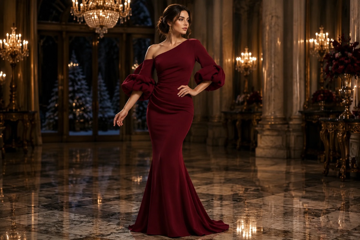 Burgundy off-shoulder mermaid evening gown