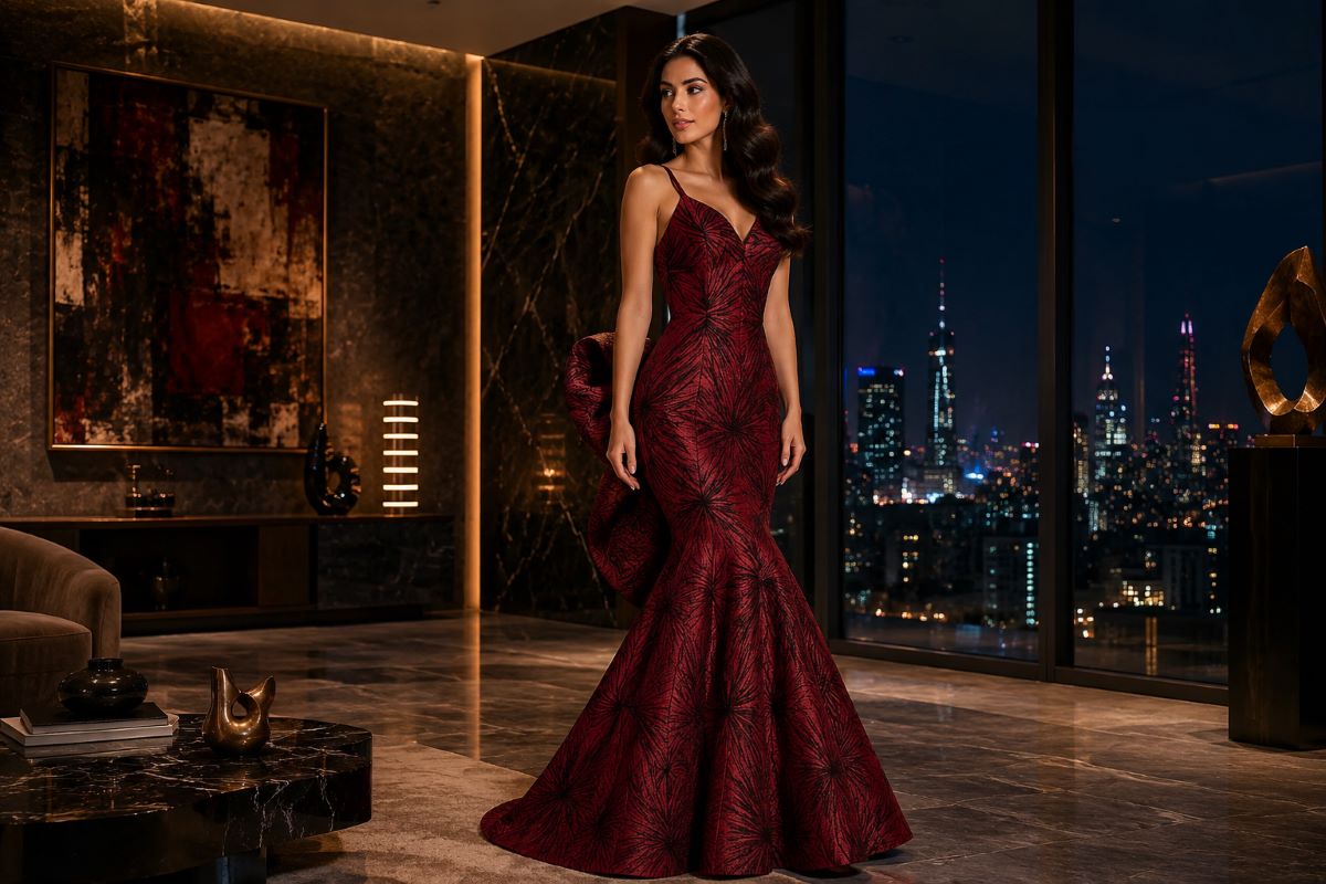 Woman in burgundy mermaid evening gown inside luxury penthouse