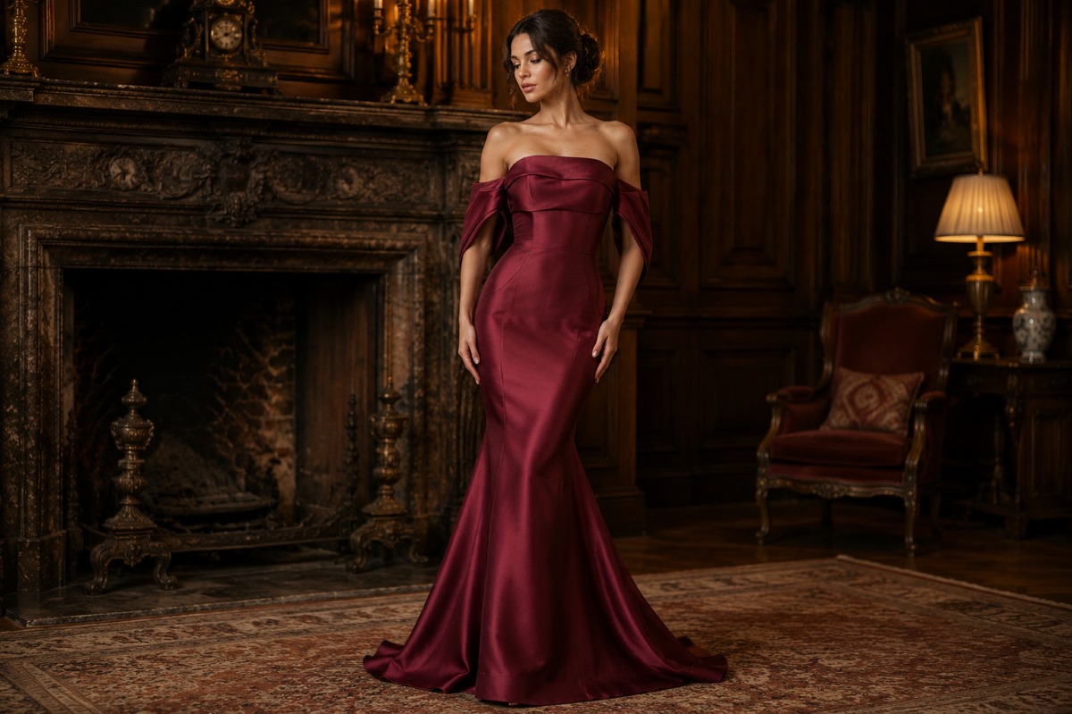 burgundy satin mermaid gown mansion editorial