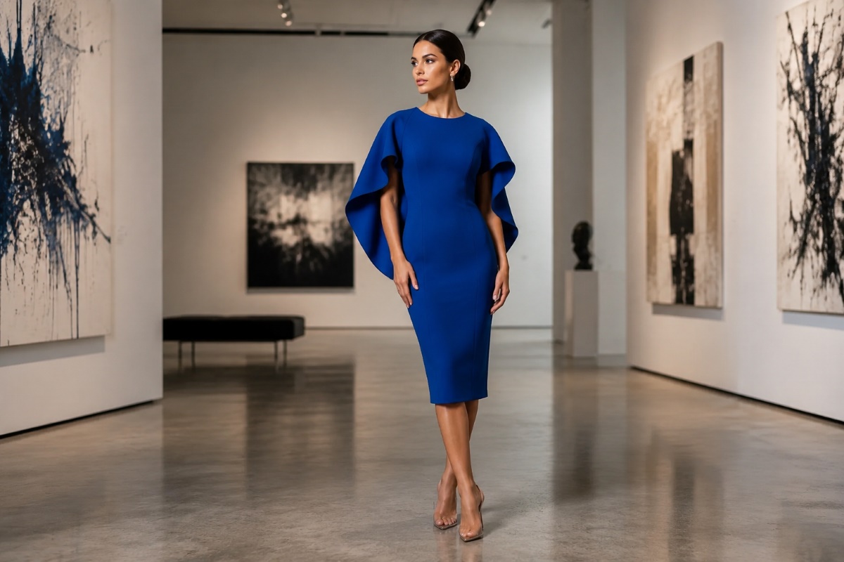 Blue cape sleeve midi dress in modern art gallery editorial
