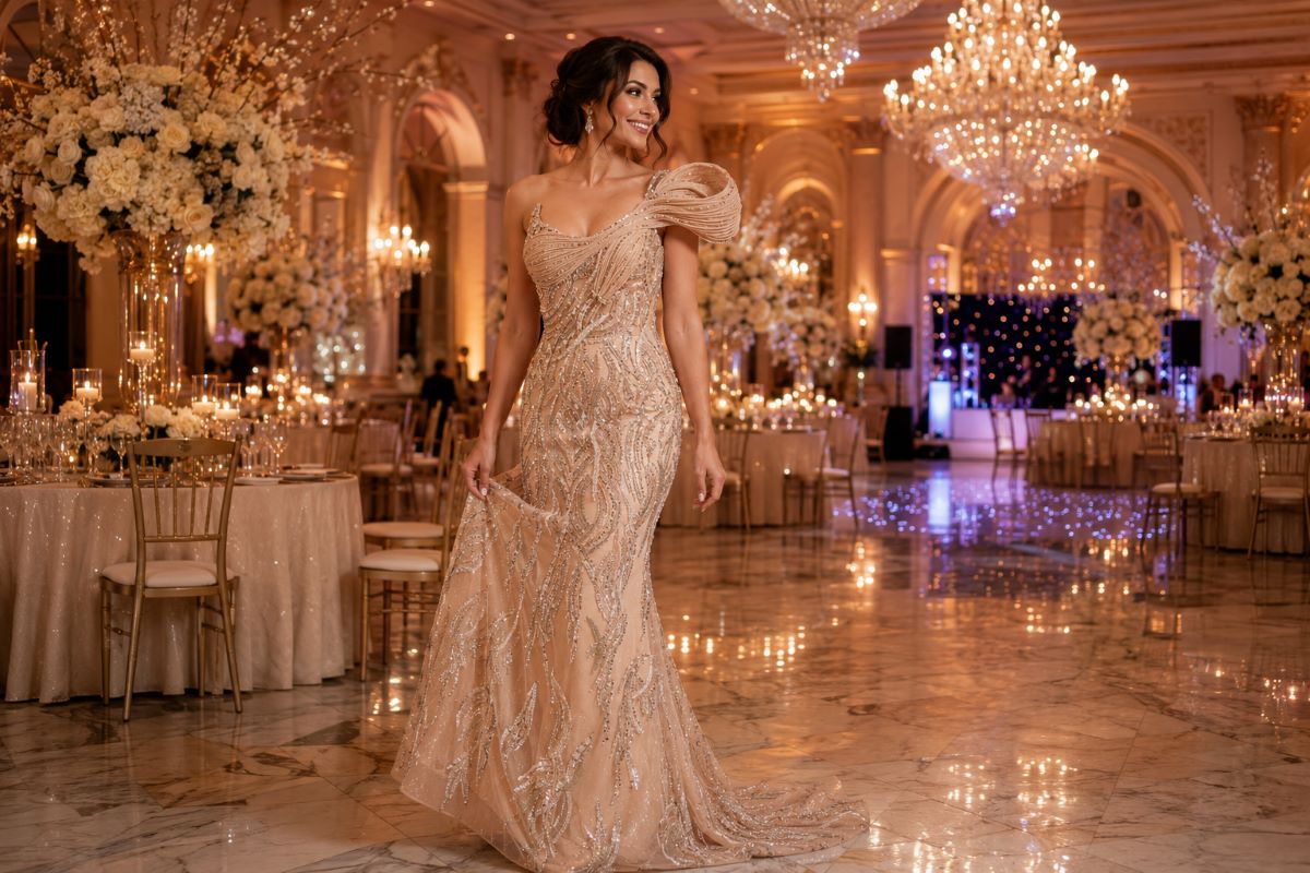 Champagne beaded mother of bat mitzvah gown