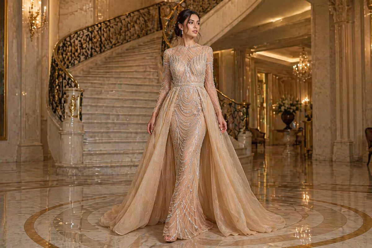 Champagne beaded gown with detachable overskirt