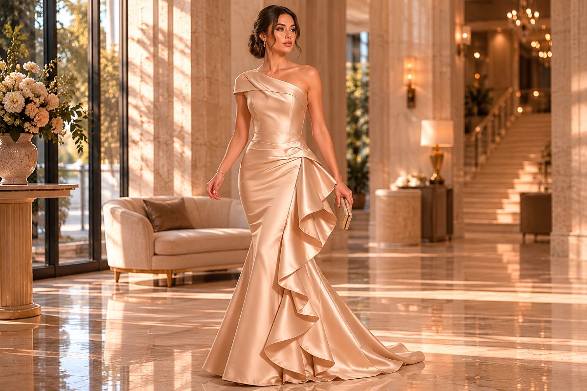 Champagne Beige Gown in Luxury Hotel Lobby