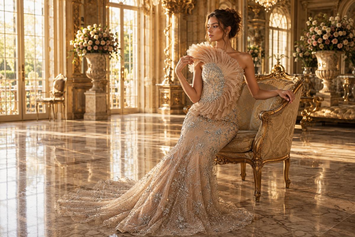 Champagne embellished couture gown in grand ballroom