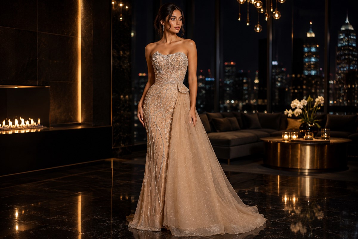 Champagne embellished mother of the bride gown