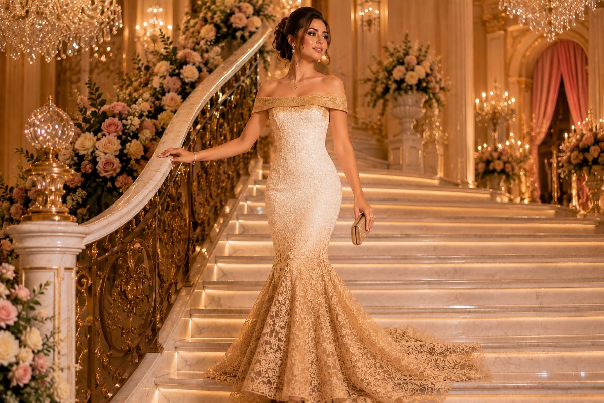 Champagne gold mermaid quinceañera dress silhouette