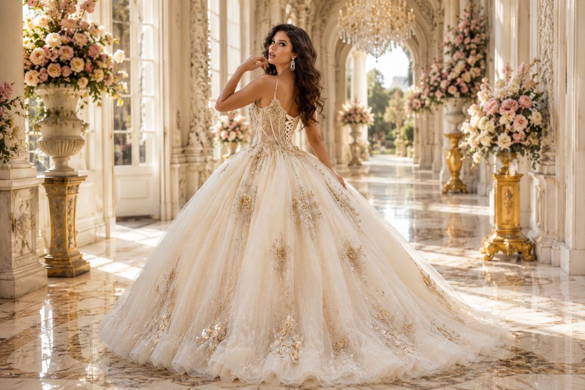 Champagne gold Quinceañera ball gown with corset back in luxury palace