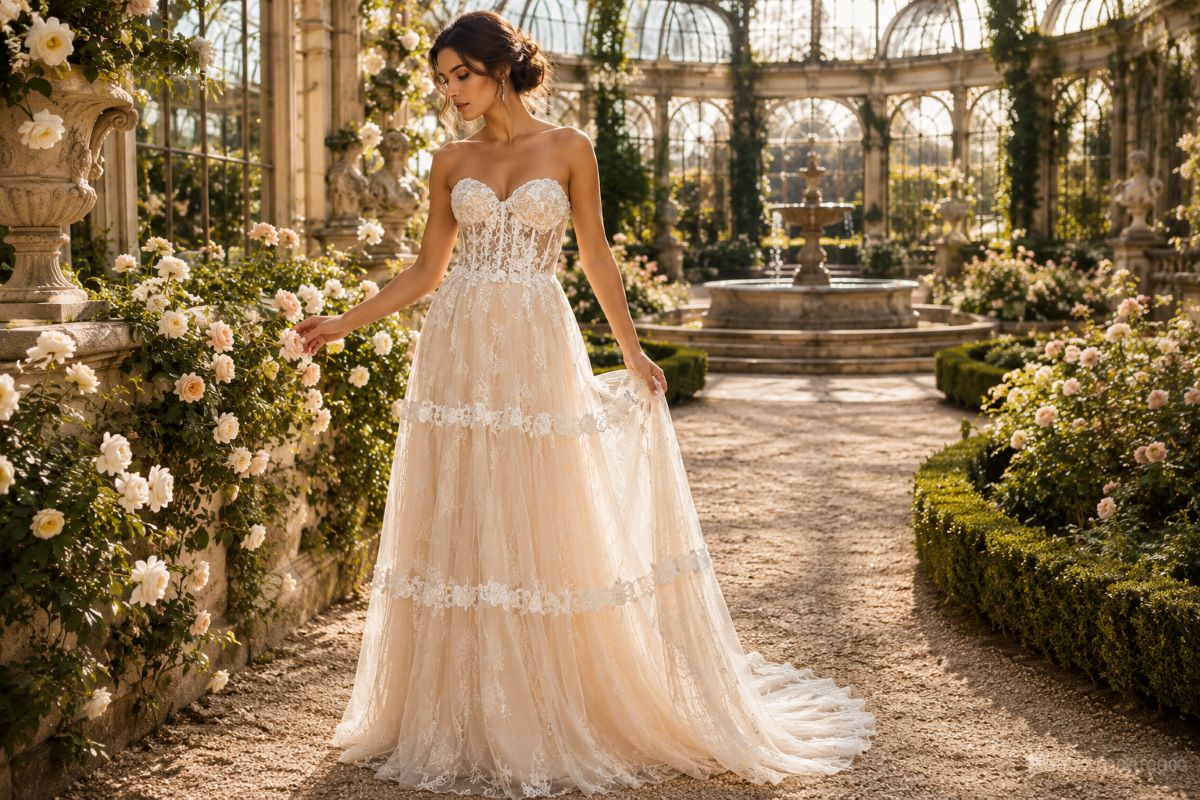 Champagne lining lace wedding dress editorial