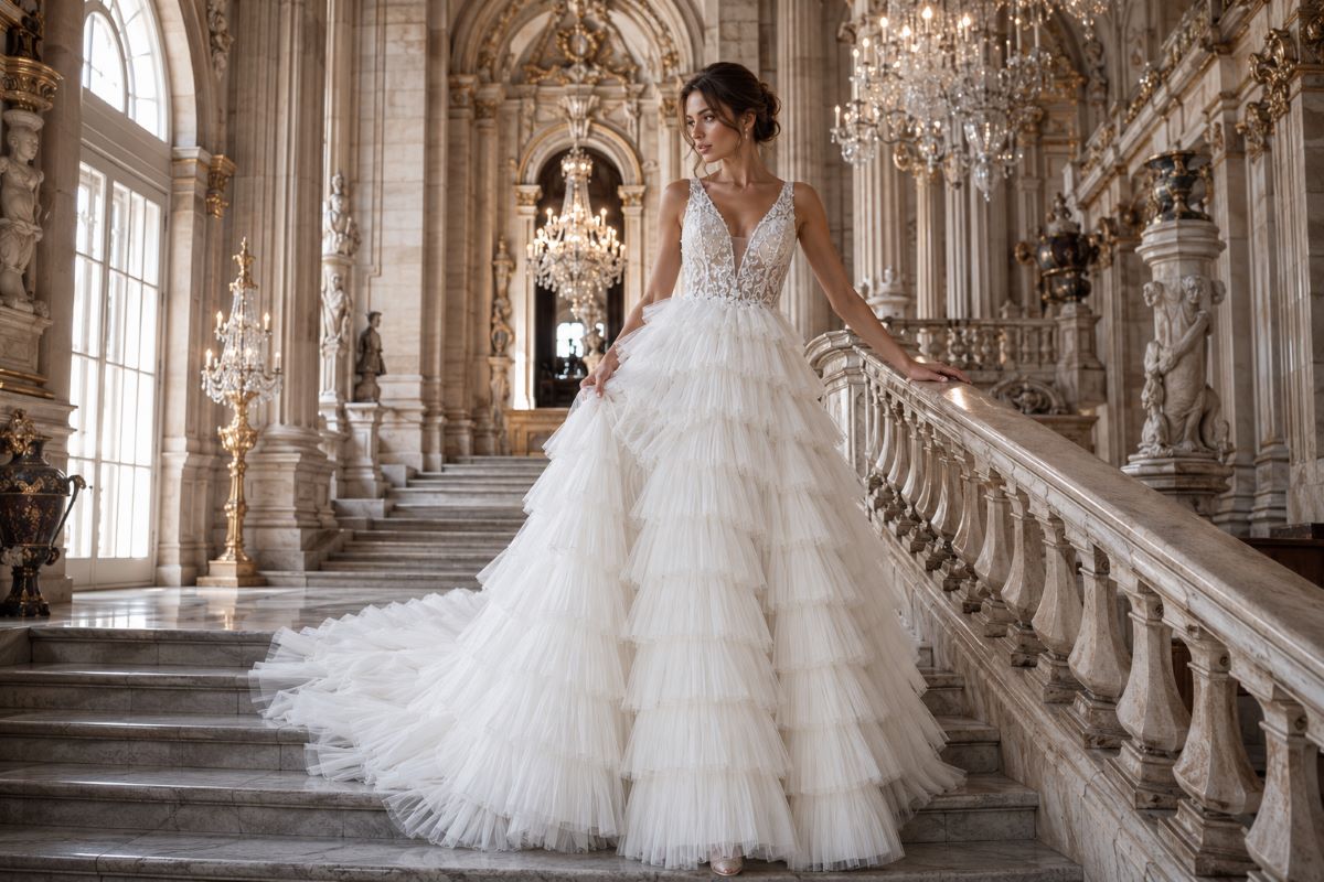 Chantilly lace tiered wedding dress editorial