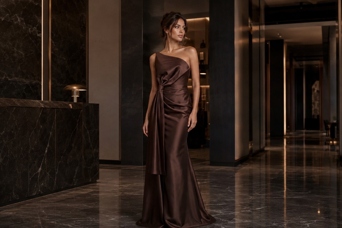 Chocolate brown one shoulder satin gown