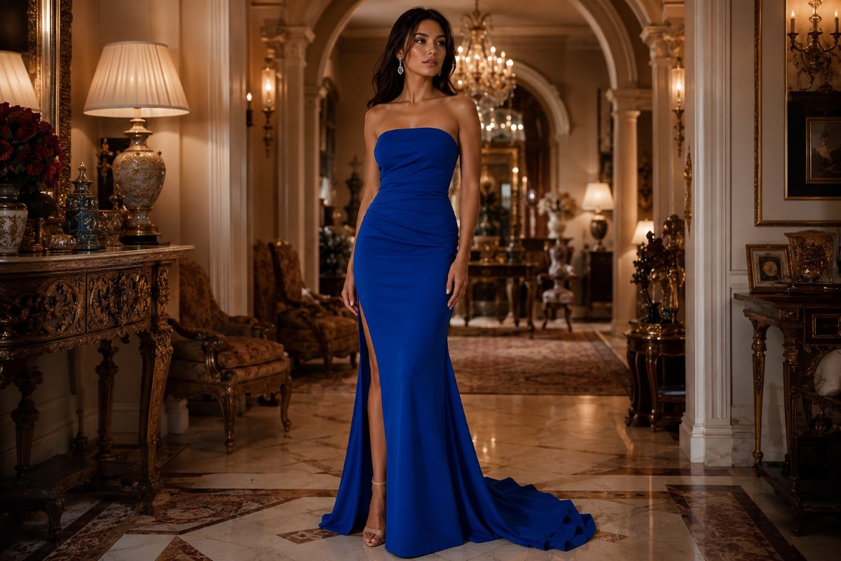 Floor-length cobalt blue strapless gown with high slit in luxury interior