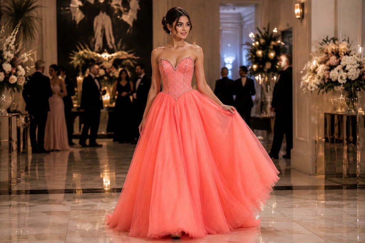 Coral strapless prom ball gown with sparkling rhinestones