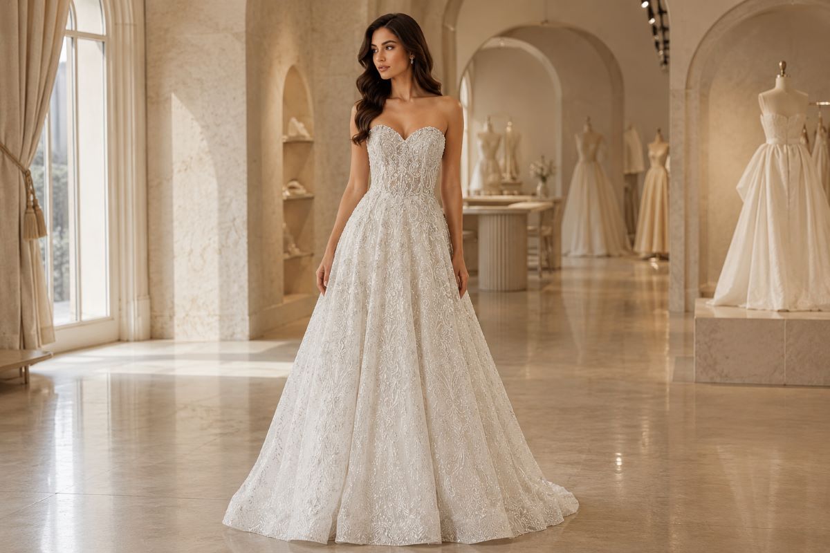 Couture A-line bridal gown with tonal beading