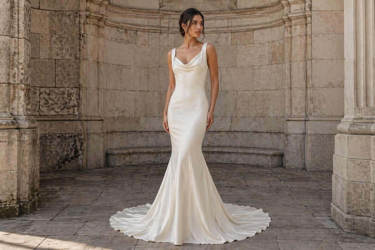 Cowl neck fitted mermaid wedding dress