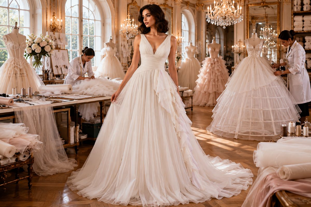 Crinoline couture ivory A-line evening gown