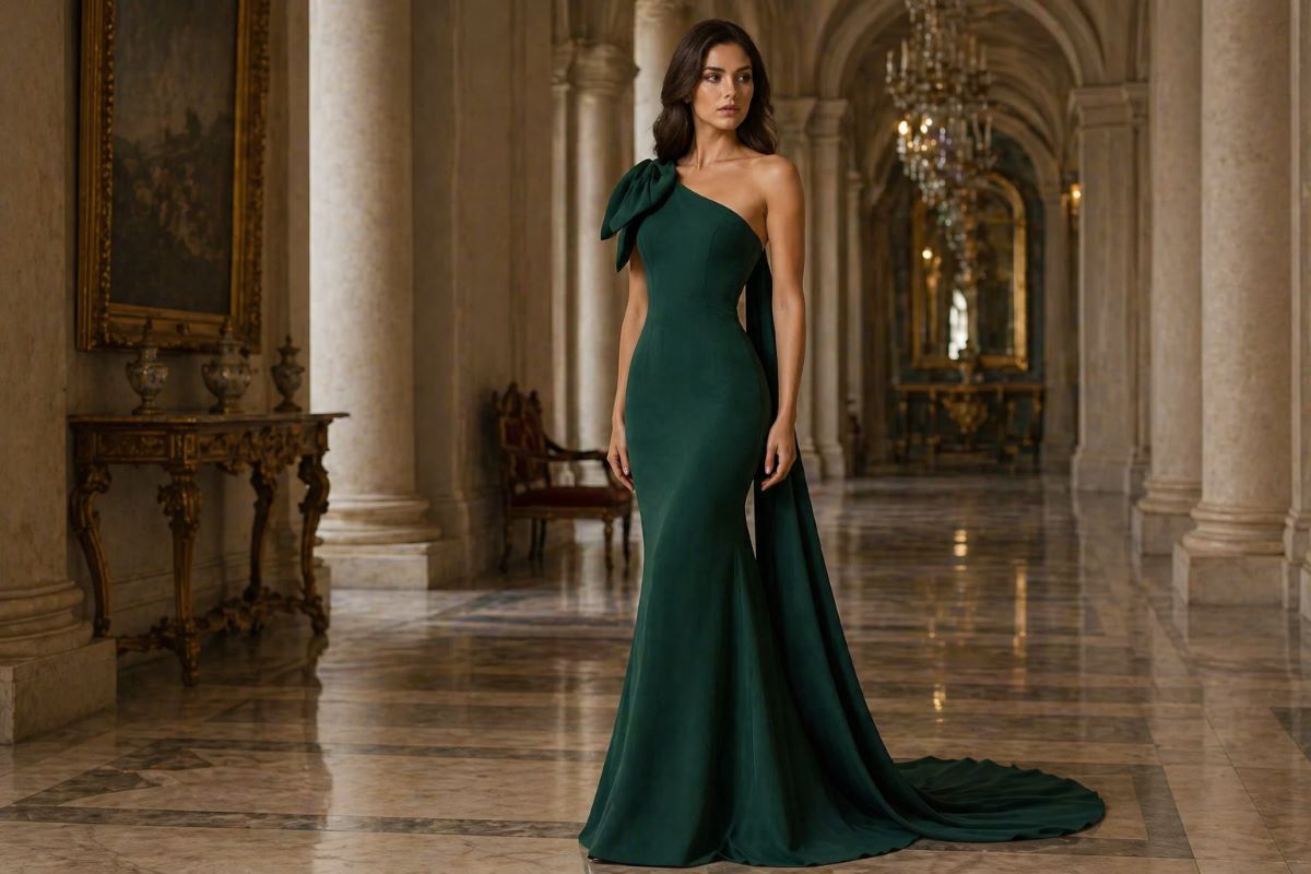 Full body dark green evening gown with train and floor-length hem