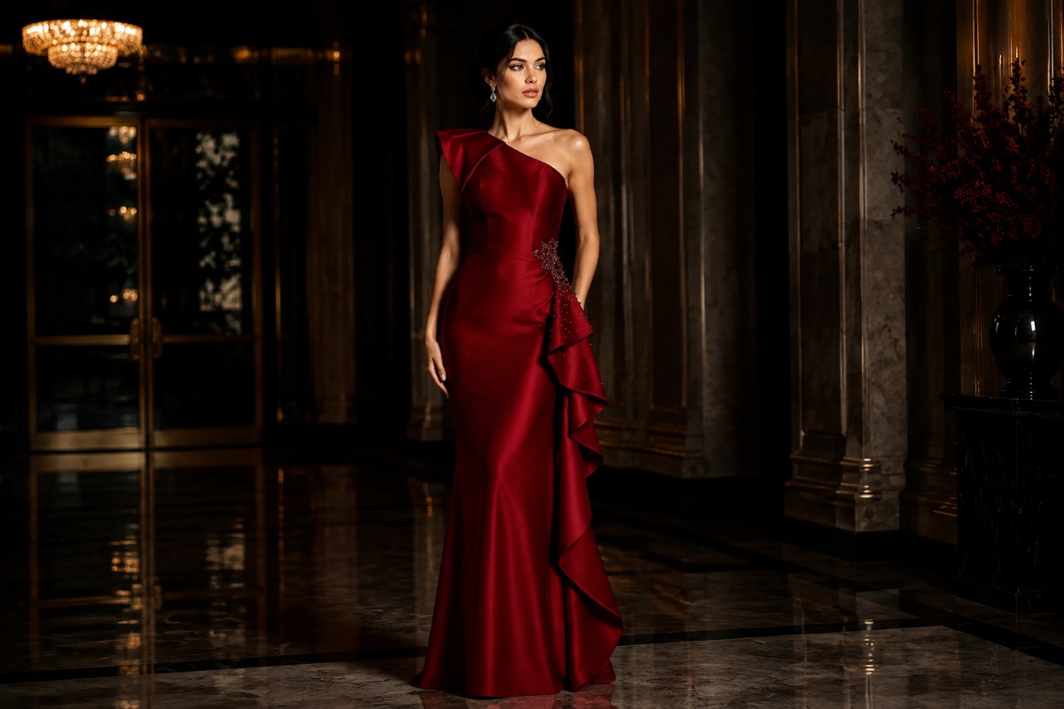 Dark red one-shoulder mermaid gown