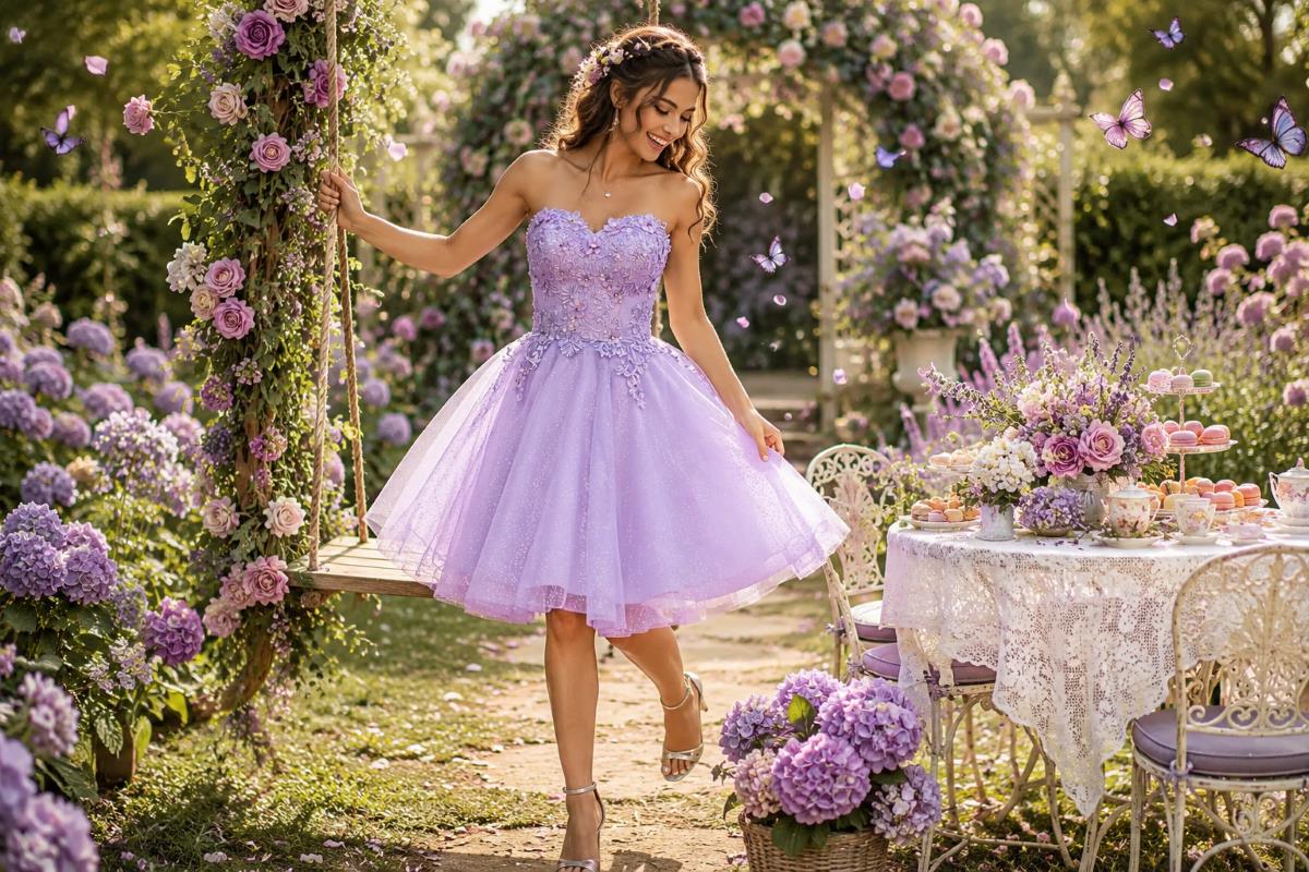 Lilac tea-length enchanted garden party dress