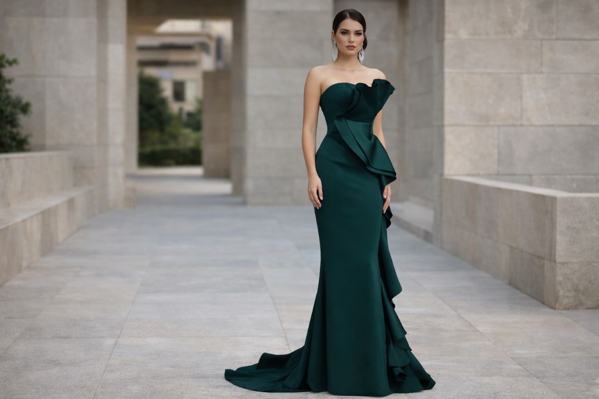 Deep green strapless evening gown with structured ruffle detail