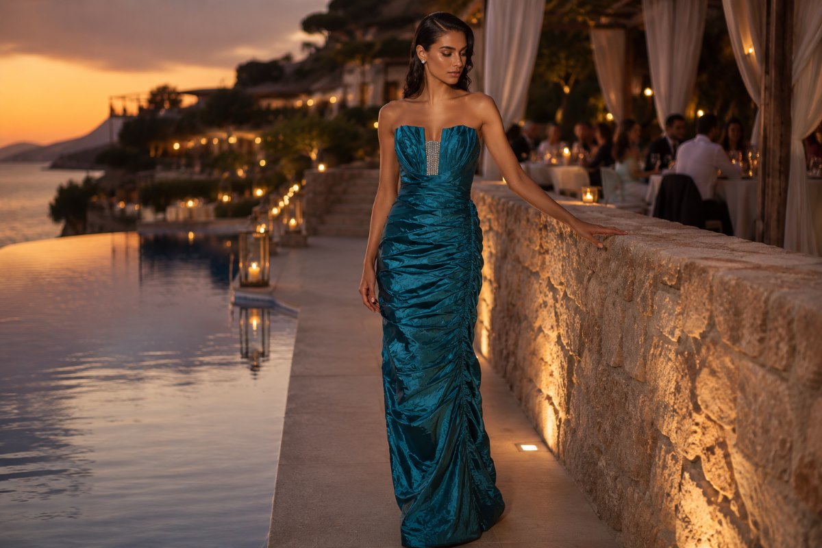 Deep teal contemporary textured wedding guest gown