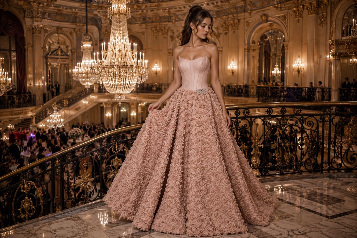 Blush floral ballgown overlooking grand ballroom