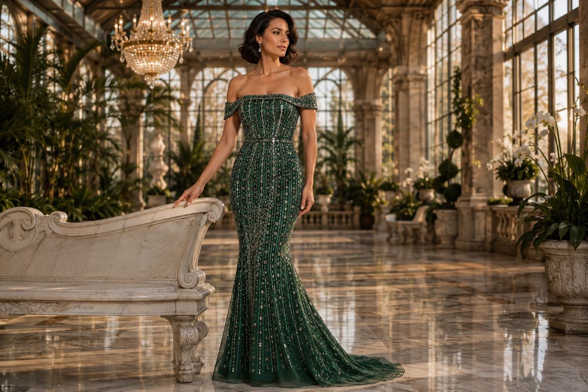 Emerald beaded mother of bride gown