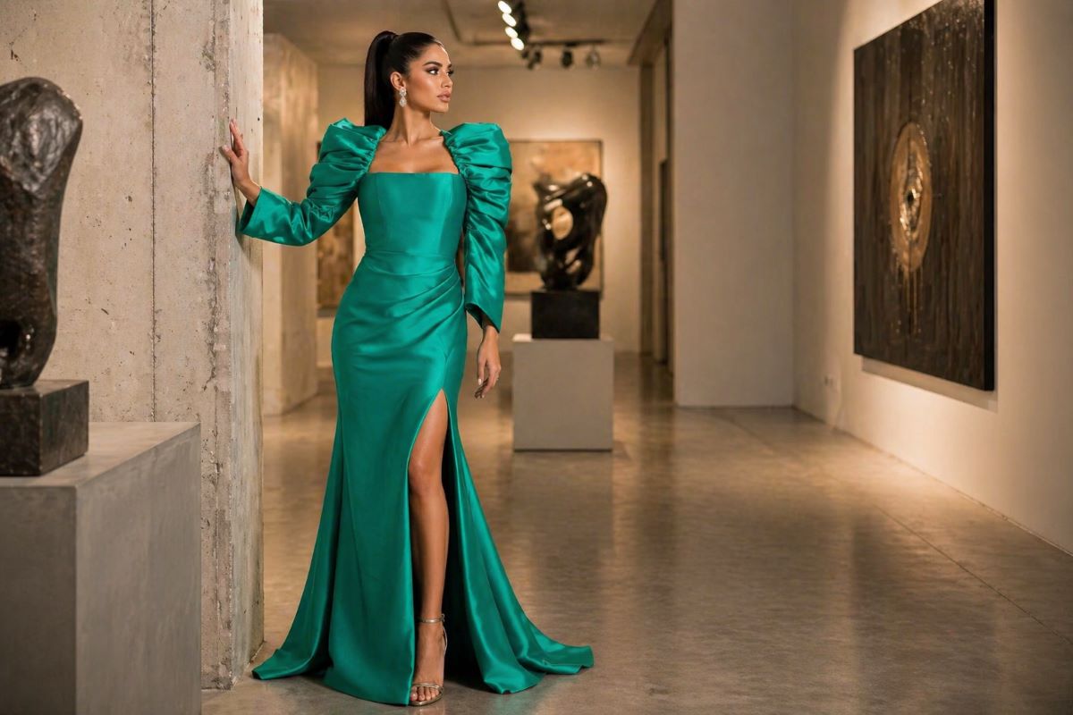 Metallic brown strapless ruffle evening gown
