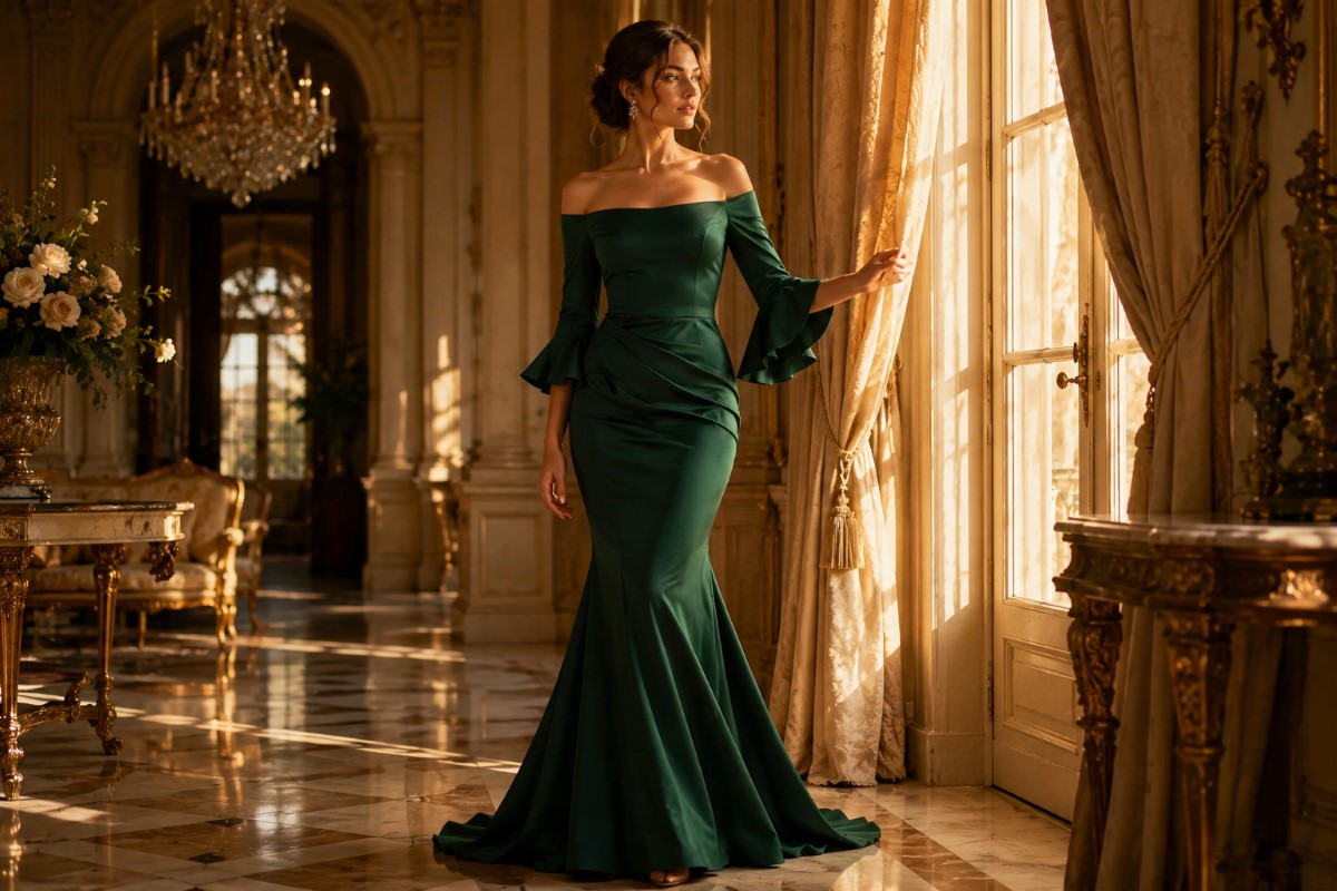 Emerald off-shoulder gown in luxury manor