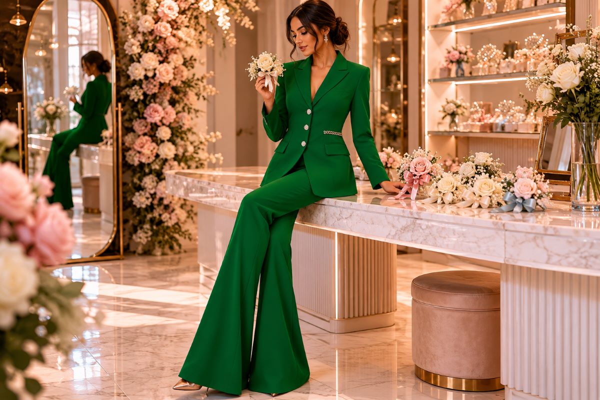 Emerald pantsuit with coordinated prom corsage choices