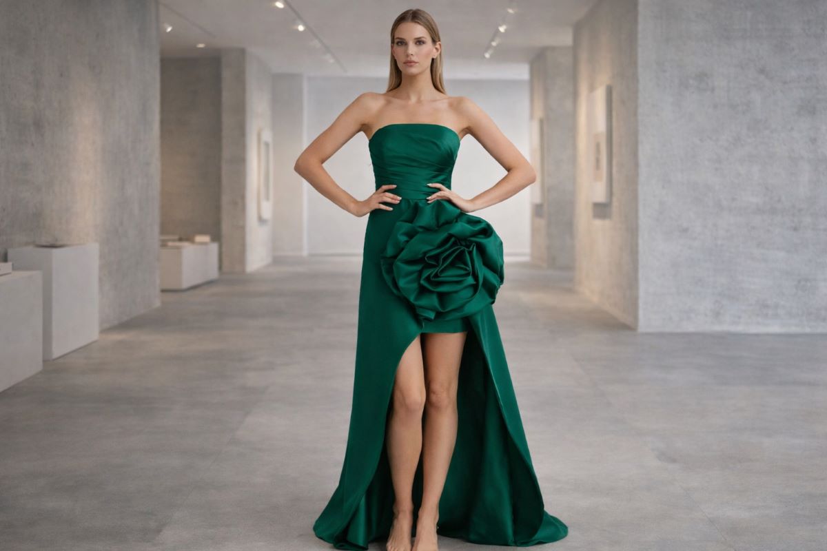 Emerald strapless satin gown with sculptural rose detail