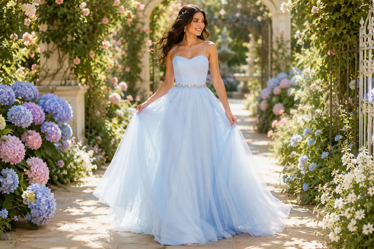 Ice blue Sweet 16 ball gown in daytime enchanted garden