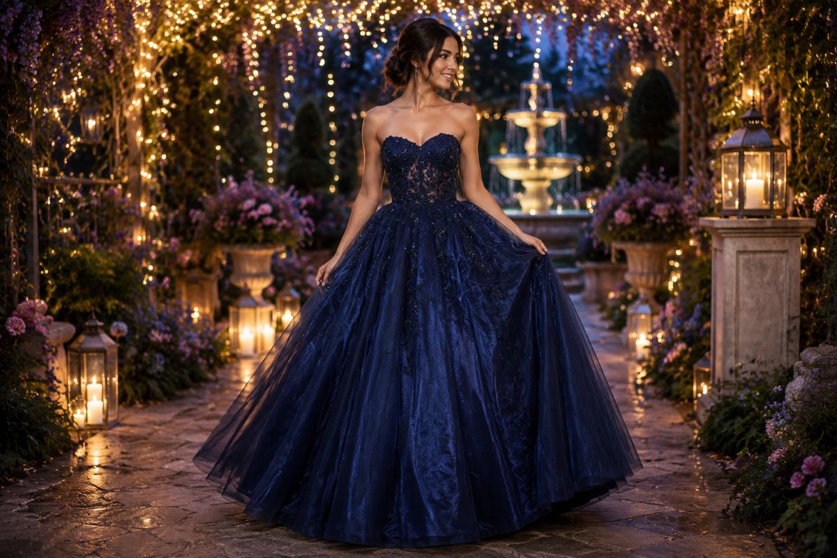 Navy blue Sweet 16 ball gown in evening enchanted garden