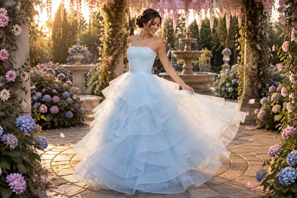 Ice blue tiered ball gown in enchanted garden