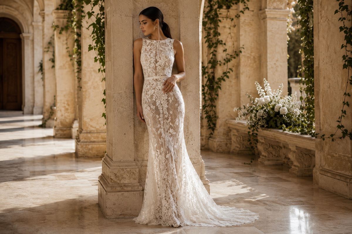 Elegant fitted lace bridal gown with romantic sheer texture