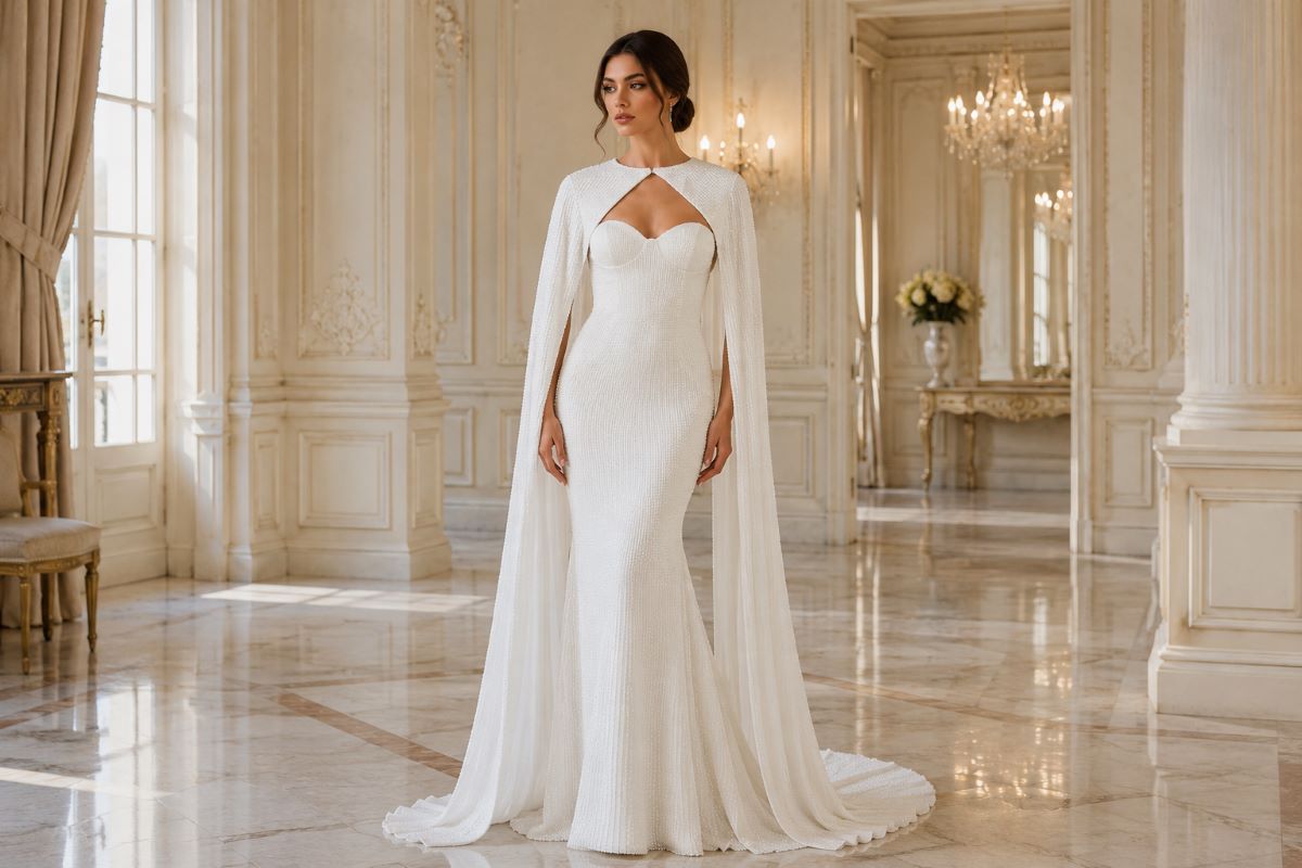 Fitted minimalist bridal gown with flowing cape sleeves