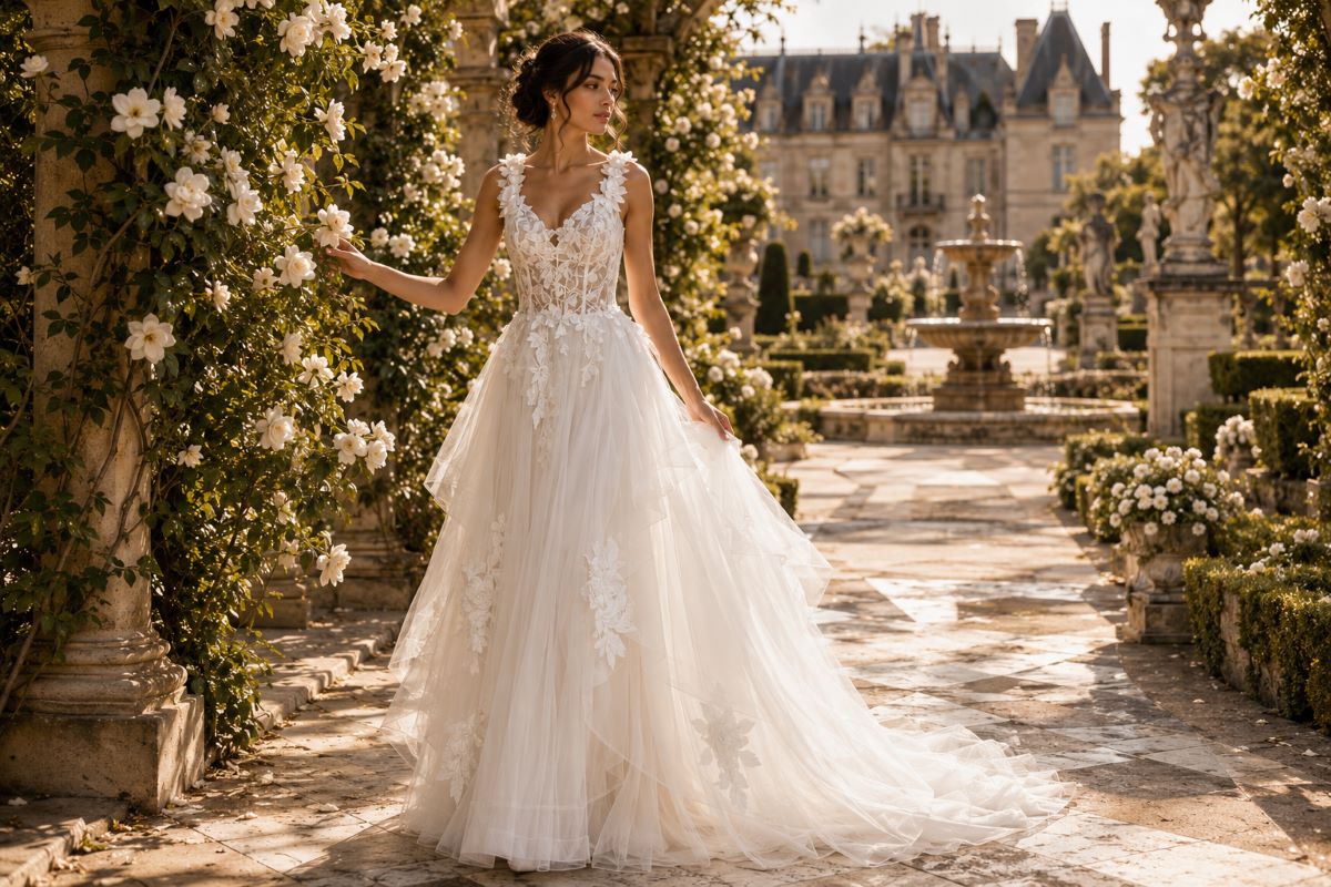 Floral appliqué tulle wedding dress editorial