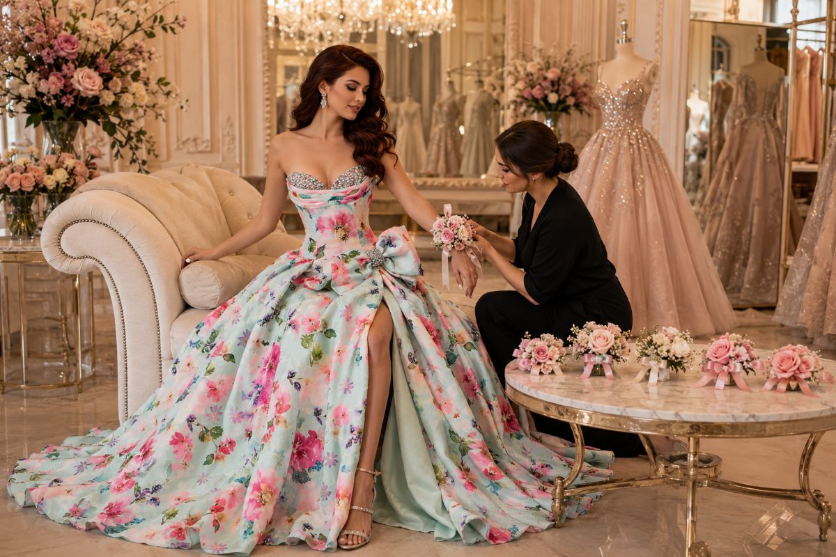 Floral ball gown with statement wrist corsage