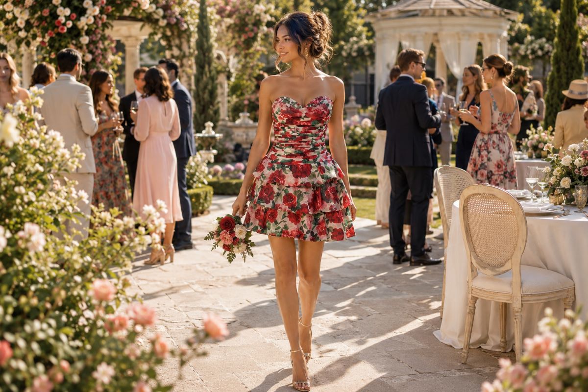 Floral cocktail dress at elegant afternoon garden party