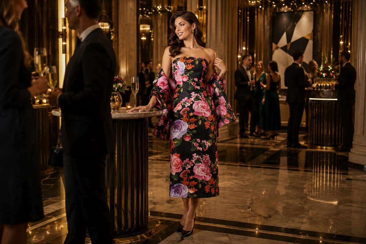 Floral cocktail dress at corporate holiday event