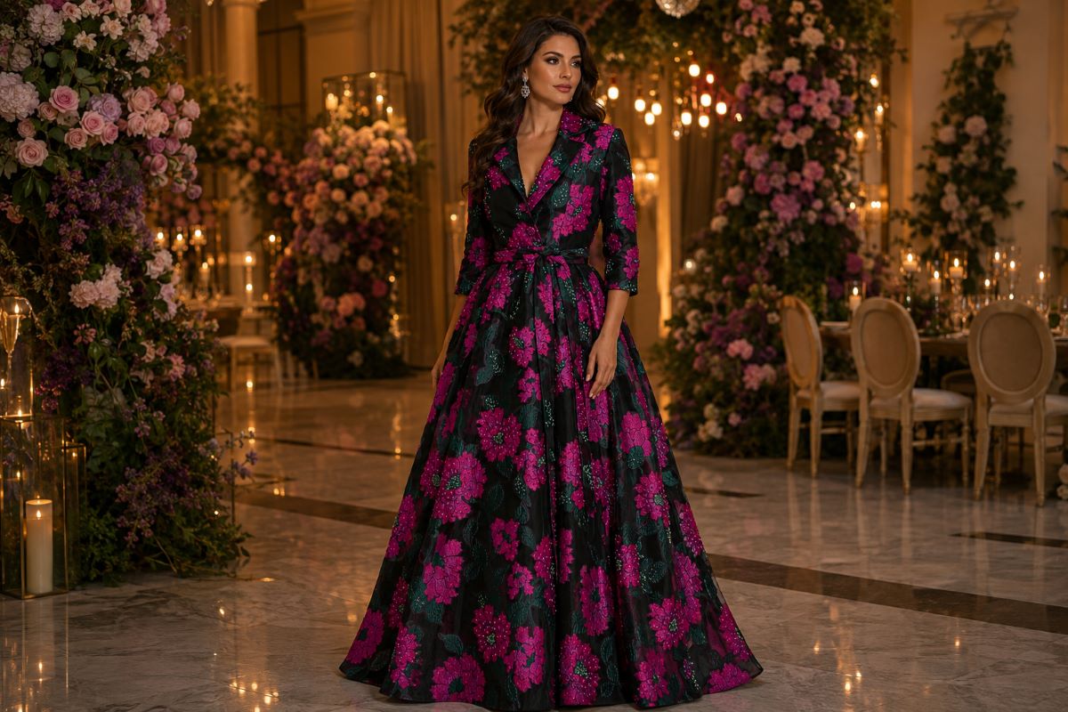 Floral jacquard mother of the bride gown with fuchsia botanical pattern