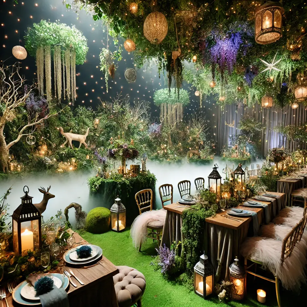 Mystical forest prom theme with greenery and fairy lights
